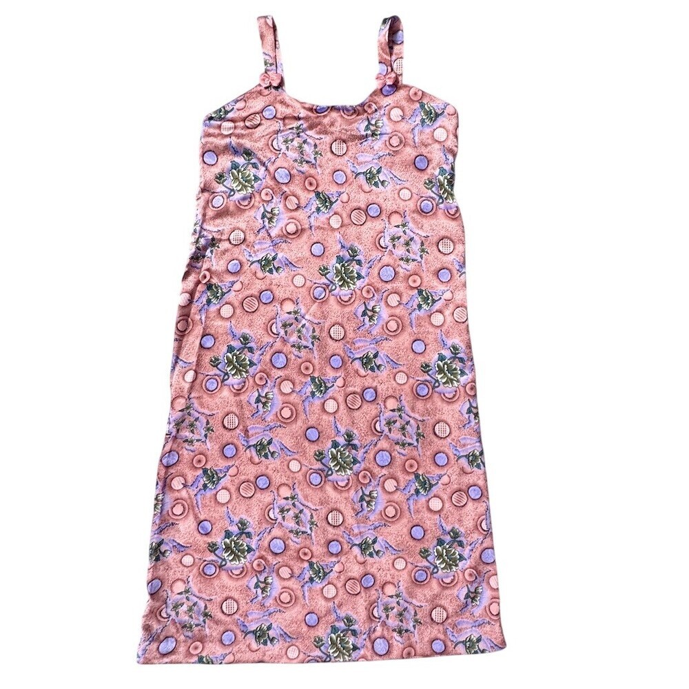Vintage Pink Floral Polka Dot Satin Chemise Slip Dress Nightgown Womens Size S
